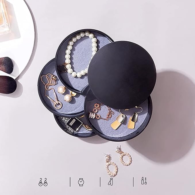 Jewelry Organizer Small Jewelry Storage Box 4-Layer Rotating Travel Jewelry Tray Holder for Women Bracelets Rings Bracelets Earrings (Black) - Image 2