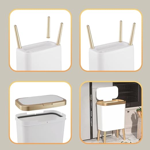 Procade Bathroom Trash Can with Lid, Plastic Garbage Can with Legs, 4 Gallon Gold Trash Bin with Push Button, Narrow White Trash Can Waste Basket for Bedroom, Living Room,Office，Dog Proof Trash Bin - Image 5