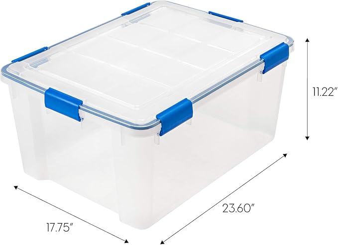 IRIS USA WeatherPro 60 Qt Storage Bins with Lids, 3 Pack, BPA-Free Plastic Gasket Box with Tight Latch and Seal, Stackable Nestable Tote Tub - Clear/Blue - Image 2