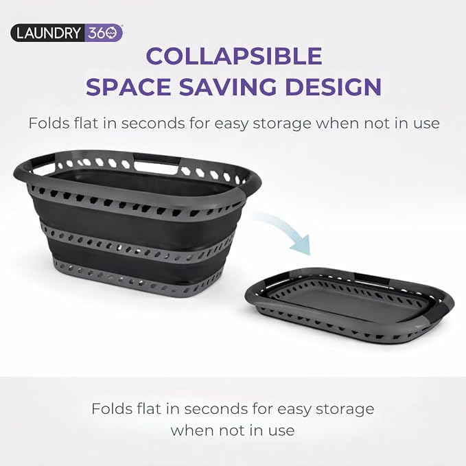 Laundry 360 Collapsible Laundry Basket 40L | Portable | Space Saver Storage | Hold 2 Loads | Store Under the Bed or Closet | Good for Kids | Dorm | Bedroom | Large | Grey/Black - Image 2