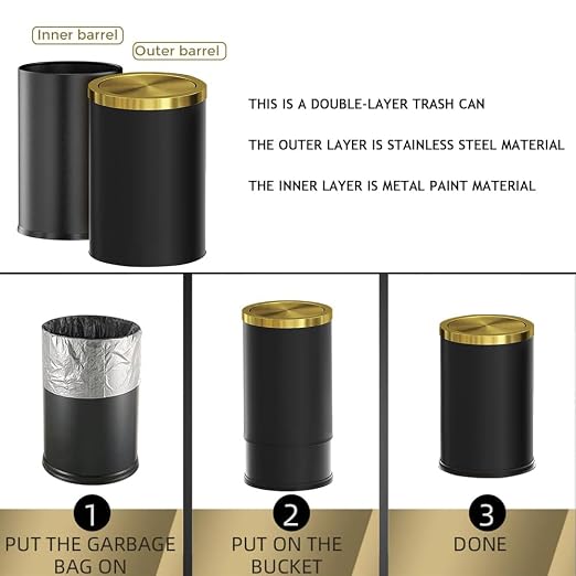 Brushed Brass Garbage can,Bathroom Trash can with lid，Modern Small Trash Can with Flipping Lid, 9 L,Garbage cans for Bathroom, Kitchen,Bedroom, Metallic Gold (Black（Double）) - Image 6