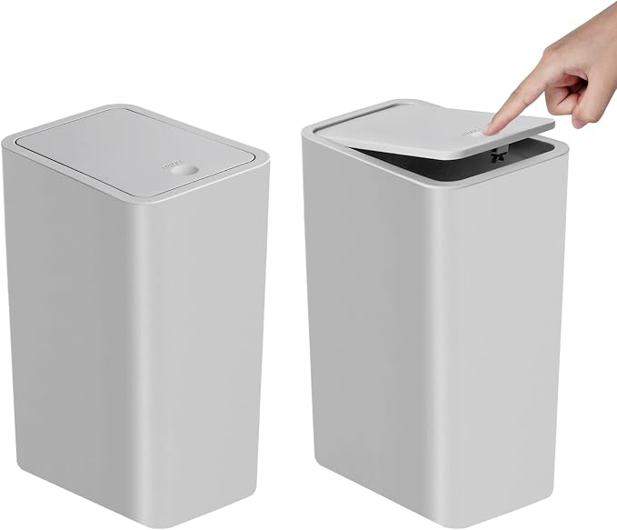 TIPGO Bathroom Trash Can with Lid, 10 Liter/ 2.6 Gallon Slim Garbage Can, Small Trash Bin Waste Basket with Pop-Up Lid for Kitchen, Bedroom, Living Room, Office (2 Pack, Grey) by TIPGO