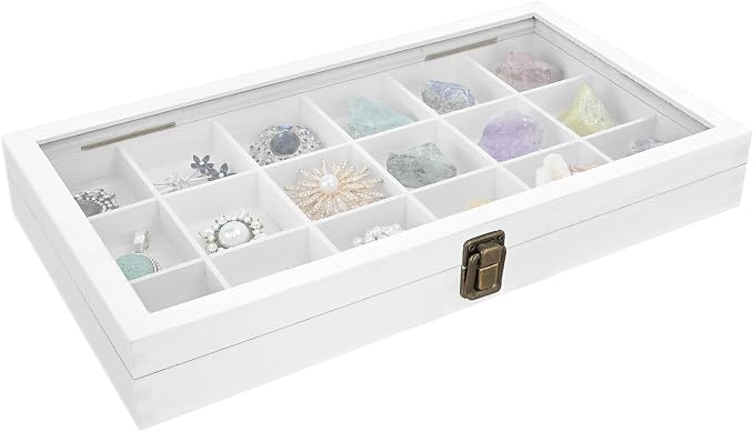 MOOCA Wooden Display Storage Case with Tempered Glass Lid for Jewelry and Beads with 18 Compartments Tray, 15 W x 8 3/8 L x 2 1/8 H in, Wash White Color - Image 4