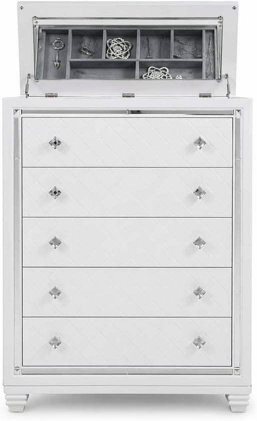 First of a Kind Shiney Contemporary 5 Piece Queen Bedroom Set High Gloss White Finish with Upholstered Headboard, Sleek Modern Bedroom Furniture Set for Coordinated Interiors