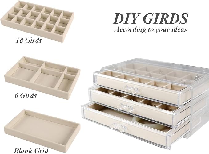 YUFONG Earring Organizer Box Acrylic Jewelry Organizer with 3 Drawers 54 Adjustable Grids Clear Stackable Earring Holder Velvet Trays Ring Display Case for Women Girls (Beige) - Image 3