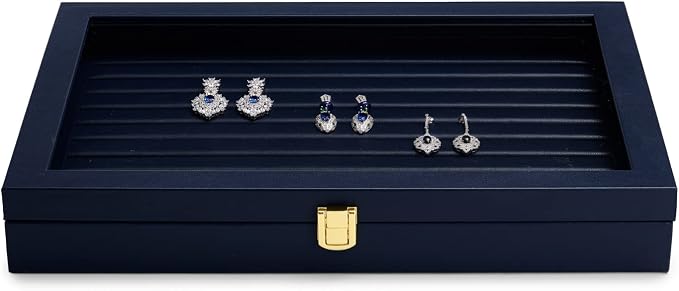 Oirlv Premium Blue Leather Rings Earrings Organizer Tray with Clear Lid Jewelry Display Box with Acrylic Lid Stackable Jewelry Box Drawer Inserts - Image 7