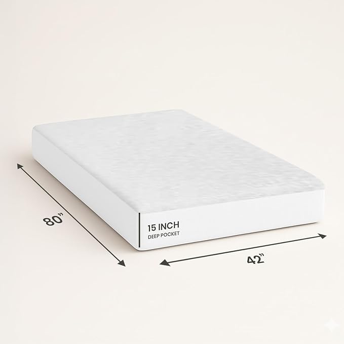 SGI bedding Waterproof RV Bunk Cot Bed Mattress Protector 42"x80" for Narrow Twin Camping Bed Mattress Pad Cover, Truck Sleeper & RV Beds - Soft, Noiseless, Breathable, 15" Deep Pocket - White