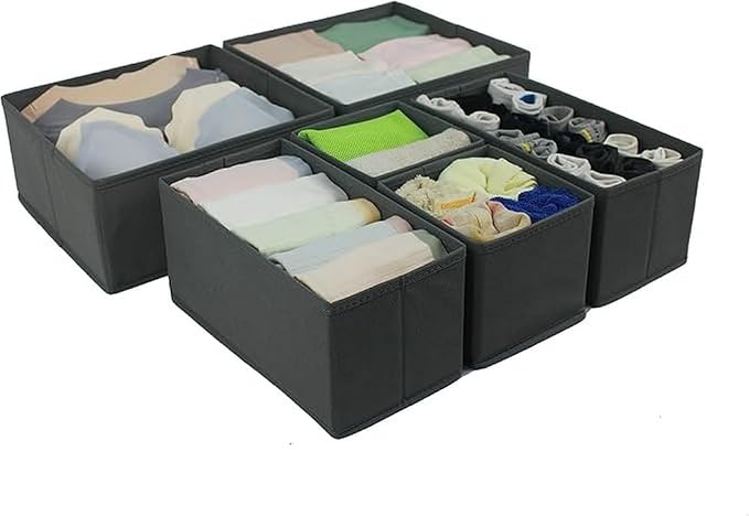 Amazon Basics Collapsible Cloth Drawer Organizer Boxes for Socks, Underwear and Baby Clothes, Storage Bins, Gray, Set of 6 - Image 3