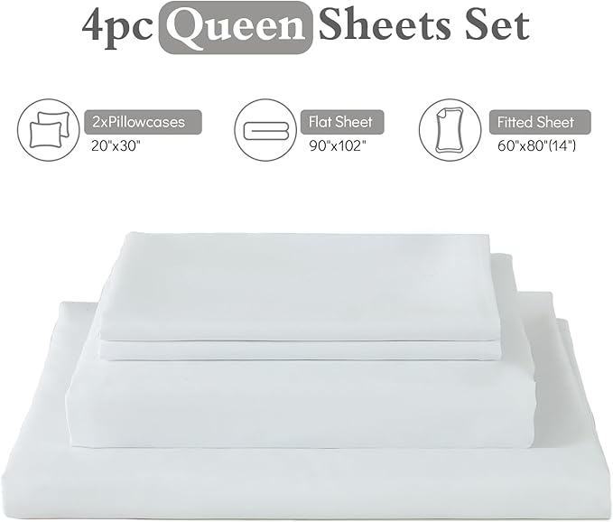 ILAVANDE White Sheets Set 4 Piece,Hotel Luxury Super Soft 1800 Series Microfiber Queen Bed Sheets Set-Wrinkle Free & Breathable-14 Deep Pocket Sheets for Queen Size Bed(Queen,White)