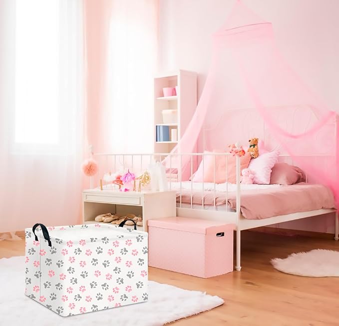 CLOCOR Rectangular Storage Basket Empty,Gift Basket,Waterproof Storage Bin with Handles,Room Decor(Pink Paw) - Image 3