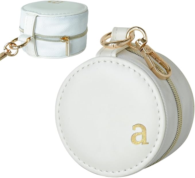 COLLECTIVE HOME - Monogrammed Letter Jewelry Case, Portable Travel Ring Holder Box with Keychain, Personalized Initial Organizer for Earrings Necklaces, Gift for Her (White-a) by COLLECTIVEHOME