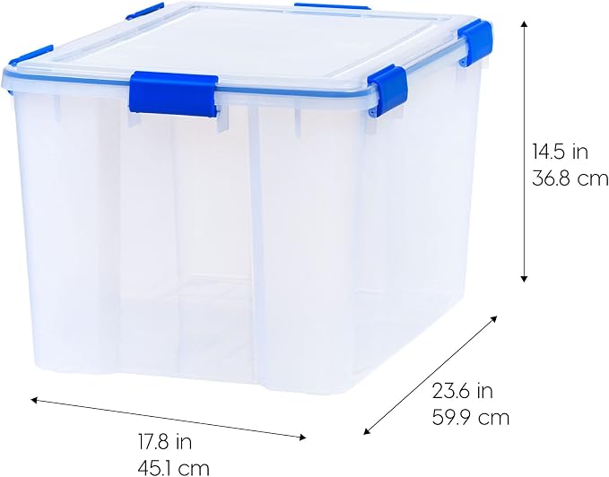 IRIS USA WeatherPro 74 Qt Storage Bins with Lids, 3 Pack, BPA-Free Plastic Gasket Box with Tight Latch and Seal, Stackable Nestable Tote Tub - Clear/Blue - Image 4
