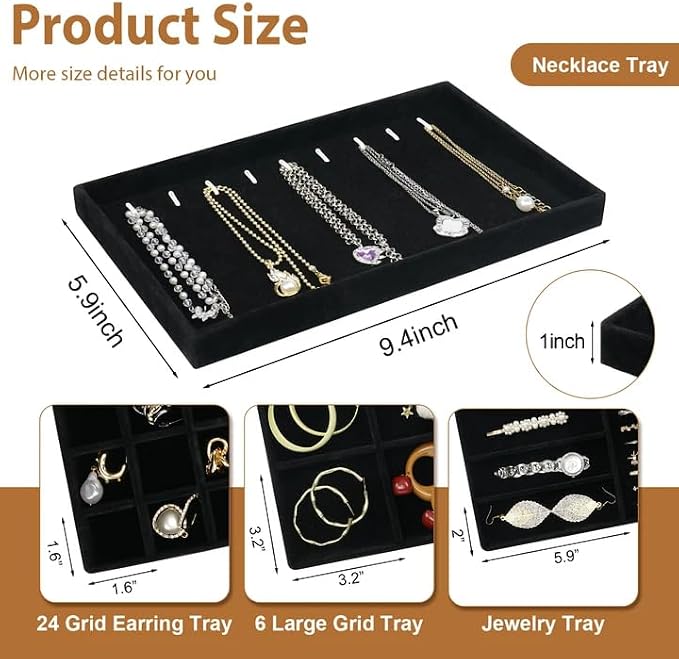 Cirhy 4 Stackable Jewelry Trays Organizer Set for Drawer, Jewelry Organizers and Display Case Storage, Velvet Drawer Inserts Organizer for Necklace Bracelets Earrings Organizer, Gift For Her, Black - Image 3