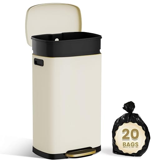 ELPHECO Kitchen Trash Can with Lid Soft Close, 13 Gallon / 50L Stainless Steel Pedal Garbage Can, Heavy-Duty Fingerprint Proof Step Wastebasket with 20 Bags, Removable Bucket, Home Office, Cream Beige - Image 8