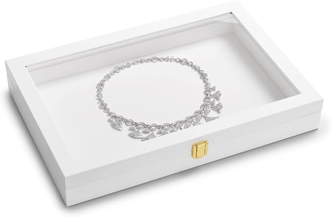 Oirlv White Jewelry Organizer Tray with Acrylic Lid Premium Leather Jewelry Box with Transparent Lid Drawer Insert Big Necklace Display Case(Flat Tray) - Image 3