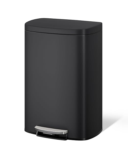 Garvee 13 gal / 50 L Metal Kitchen Trash Can with Lid, Large Rustproof Garbage Can for Kitchen, Step-on Trash Bin with Inner Bucket, Rear Handle, Soft Close Lid, Black by Garvee