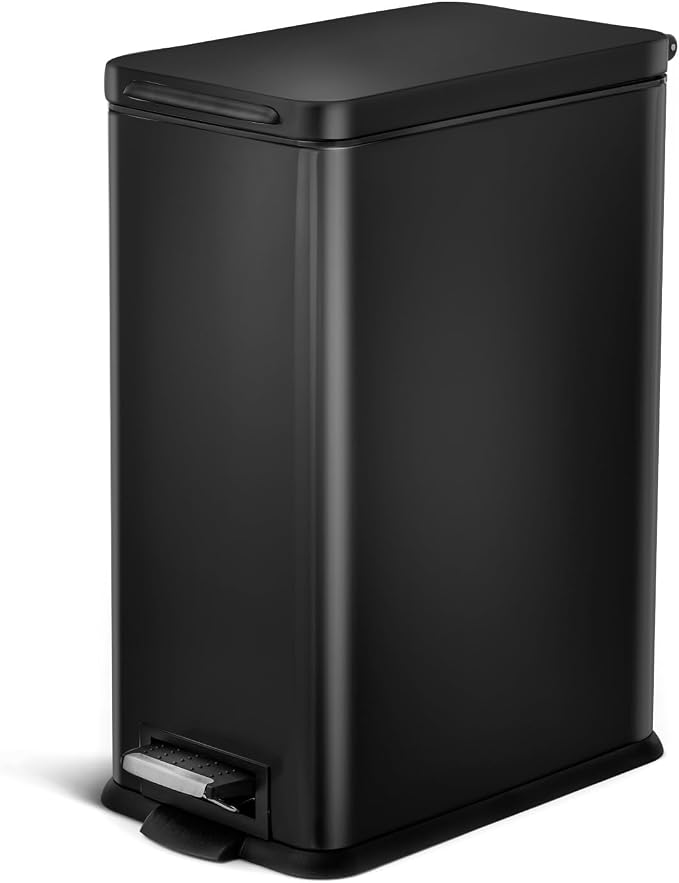 Home Zone Living 8 Gallon Slim Kitchen Trash Can with Soft Close Lid, Step Pedal, Bag Tuck Band, and Removable Liner, Stainless Steel, Matte Black by HomeZoneLiving