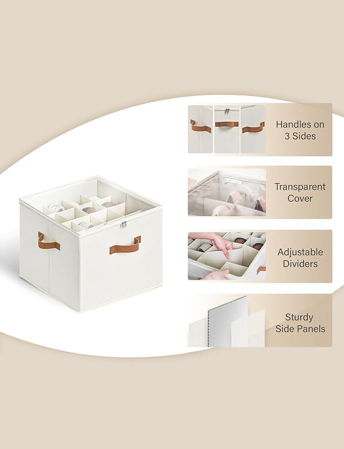 StorageWorks Shoe Organizer for Closet, Shoe Storage Cubby Containers with Adjustable Dividers and Clear Cover, Fits up to 16 Pairs, Foldable Shoe Storage Box for Closet, Entryway, Beige - Image 6