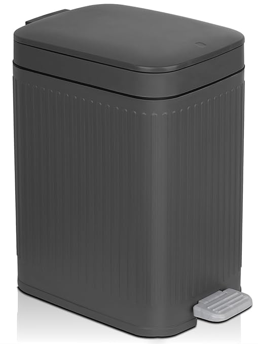 rejomiik Small Bathroom Trash Can with Lid Slim Soft Close Garbage Can Step Wastebasket Container Trash Bin for Office Bedroom Kitchen Living Room (2.6 Gallon Dark Gray) by rejomiik