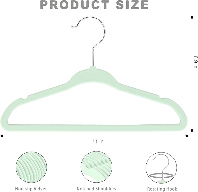BAGAIL 50 Pack Kids Velvet Hangers 11 Inches Children's Clothes Hangers Non-Slip Baby Hangers for Infant/Toddler (Lime Cream) - Image 2