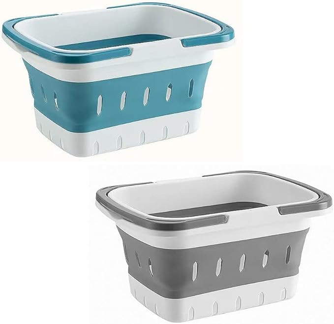 2 Pack Portable Plastic Shower Caddy Tote, Collapsible Small Basket with Handles, Box Organizer Bin for Bathroom, Kitchen, College Dorm,Gym(Grey +Blue) by ANNIYA