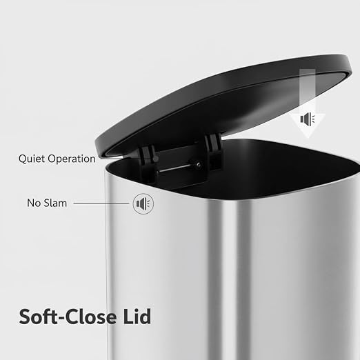 Garvee Stainless Steel Trash Can, 50 L/13 gal Hands Free Garbage Can with Soft Close Lid and Foot Pedal, Metal Kitchen Waste Bin with Inner Bucket for Living Room, Office, D Shape, Silver - Image 3