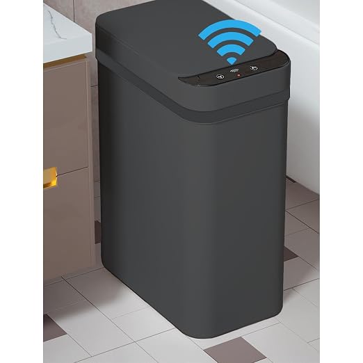 Yatmung 4 Gallons Bathroom Trash Can Automatic Touchless - 15.5 Liters Smart Trash Can Motion Sensor - Narrow, Plastic - Slim Electric Trash Bin - Skinny Garbage Can with Lid (Matte Black) by Yatmung