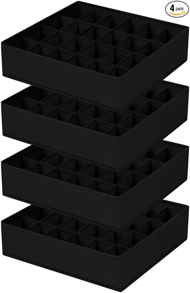 Underwear Organizer 4 Pack, 24 Cell Sock Drawer Organizer Divider, Sock and Underwear Drawer Organizer Foldable Tie Organizer for Socks, Underwear, Belts, Ties. (Black) by EasortmPackingCubes