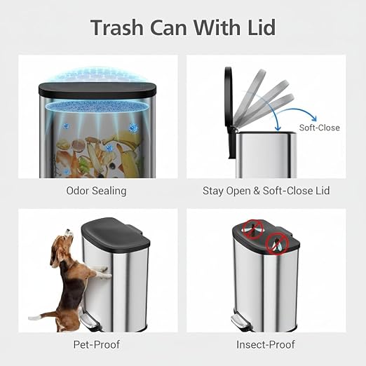 Garvee Stainless Steel Trash Can, 50 L/13 gal Hands Free Garbage Can with Soft Close Lid and Foot Pedal, Metal Kitchen Waste Bin with Inner Bucket for Living Room, Office, D Shape, Silver - Image 7