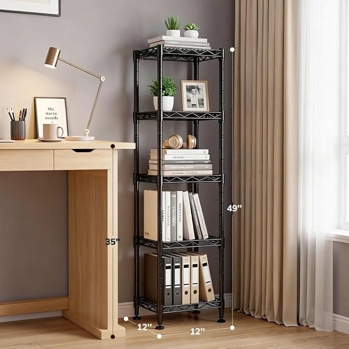 5 Tier Metal Shelving Unit Adjustable Storage Shelves:Wire Shelves Storage Rack Standing Bathroom Shelf and Narrow Small Shelf for Kitchen Pantry Closet Laundry Dorm Office 12''Wx12''Dx49''H Black - Image 3