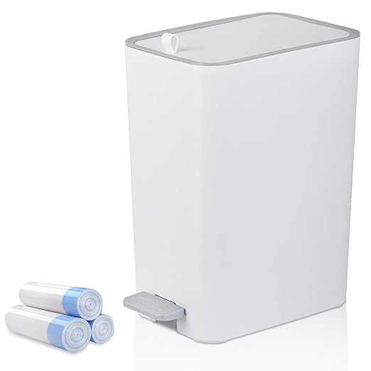 rejomiik Small Bathroom Trash Can with Lid, 2.1 Gallon Step Garbage Can with Handle, Slim Mini Wastebasket Bin for Bedroom, Office, Dorm, White by rejomiik