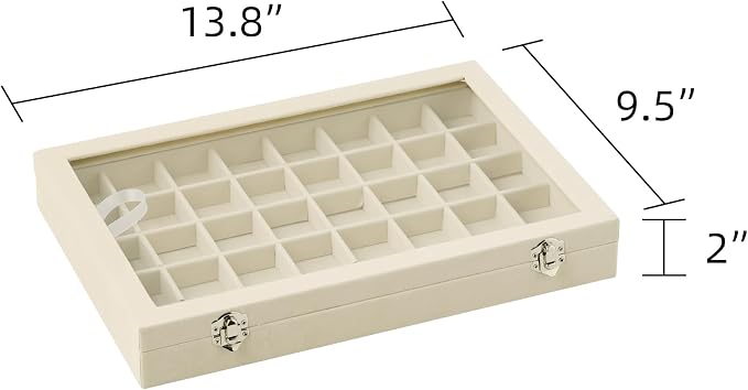 Frebeauty 40 Grid Jewelry Tray,Adjustable Earring Holder Organizer with Glass Lid,Velvet Drawer Jewelry Organizer for Rings,Studs,13.8 x 9.5 x 2 Inches Jewelry Display Box,Gift for Women(Beige) - Image 3