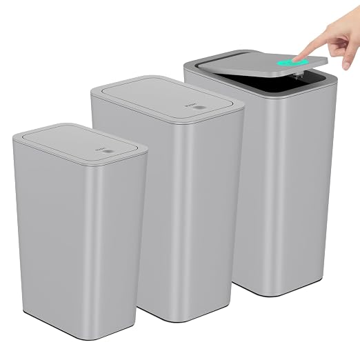 N. NETDOT Bathroom Trash Can with Lid 3 Pack Set, 2 Packs 4 Gal Slim Kitchen Trash Can and 1 Pack 2.6Gal Garbage Can, Small Trash Bin/Waste Basket for Bedroom (Grey, Pack of 3) by NNETDOT