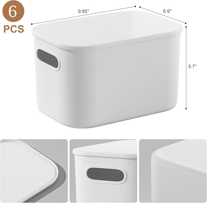 6 Pack White Storage Bins with Lids Stackable Storage Container for Organizing, Small Storage Boxes with Handle for Shelves, Cute Organizer Bins for Craft, Snacks, 9.85x6.9x5.7 inch - Image 5