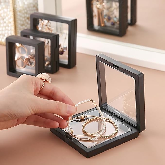 12PCS 3D Floating Frame Display Stand, Jewelry Box, Gift Box, Ornament Organizer, Small Travel Jewelry Box, PE Film Anti-Oxidation, Suspended Display Box Stackable (Black, 3.54 * 3.54) - Image 4
