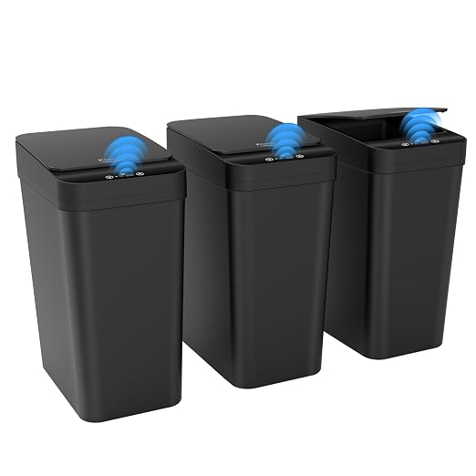 3 Pack Automatic Small Bathroom Trash Can with Lid - 2.5 Gallon Touchless Garbage Can, Motion Sensor Smart Trash Bin, Slim Dog Proof Trashcan, Waterproof Wastebasket for Bedroom Office Kitchen (Black) by Kssvzz