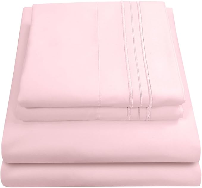 1800 Thread Count Sheet Set – Soft Egyptian Quality Brushed Microfiber Sheets – Luxury Bedding Set with Flat Sheet, Fitted Sheet, Pillow Cases, Full, Pale Pink, Sheet Set