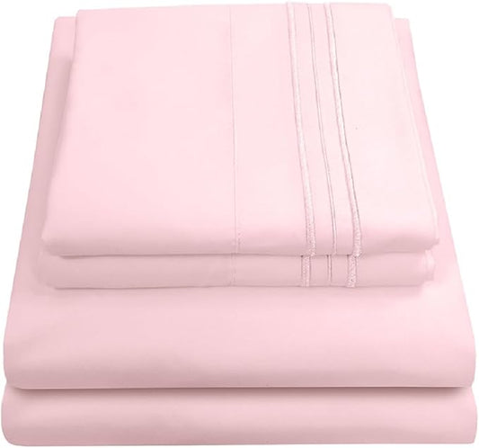 1800 Thread Count Sheet Set – Soft Egyptian Quality Brushed Microfiber Sheets – Luxury Bedding Set with Flat Sheet, Fitted Sheet, Pillow Cases, Full, Pale Pink, Sheet Set