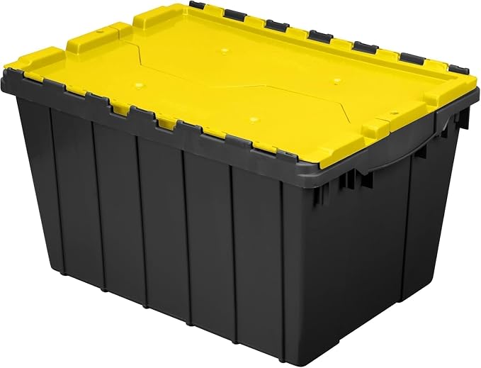 Akro-Mils KeepBox 12 Gallon Storage Container, Nesting and Stackable Plastic Storage Box with Lid Attached, Organizer Tote for Garages, Closets, and Moving, 21-1/2" x 15" x 12-1/2", Black/Yellow by Akro-Mils