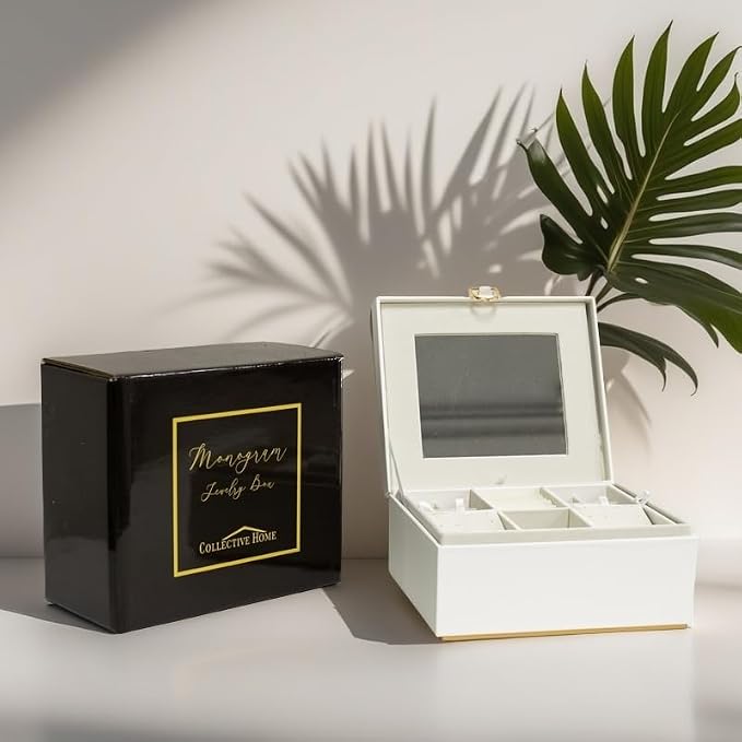COLLECTIVE HOME - Monogram Jewelry Box with Mirror, Custom Gold Letter Engraving, Elegant Jewelry Organizer with Removable Tray, Gift for Mother’s Day, Girlfriend, Birthday (q) - Image 2
