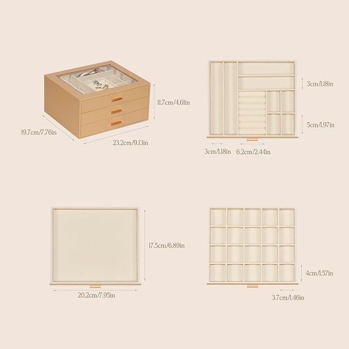 Jewelry Box with Glass Lid, 3-Layer Jewelry Organizer for Women Girls, PU Leather Display Case with 20-Grid Earring Tray & Movable Dividers for Necklaces Rings,Camel - Image 3