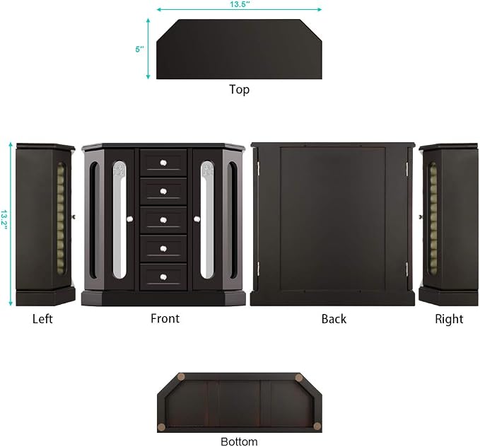RR ROUND RICH DESIGN Jewelry Box - Made of Solid Wood with Cabinet Type 5 Drawers Organizer and 2 Separated Open Doors on 2 Sides and Large Mirror Black - Image 5