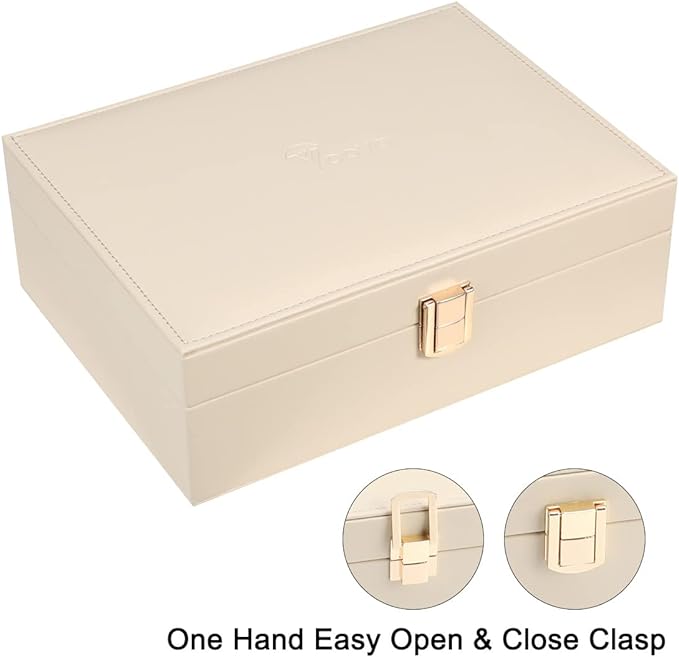 Voova Jewelry Box Organizer for Women Girls, 2 Layer Large Men Jewelry Storage Case, PU Leather Display Jewellery Holder with Removable Tray for Necklace Earrings Rings Bracelets, Vintage Gift,Apricot - Image 5