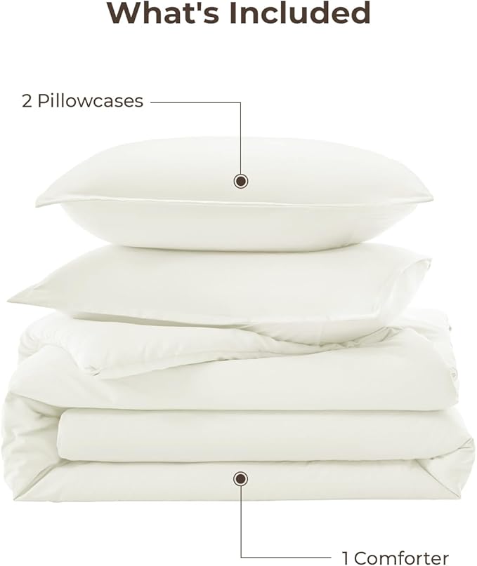Litanika Ivory Comforter Set Queen Size, 3 Pieces Lightweight Solid Bedding Comforter Set, All Season Fluffy Bed Set (90x90In Comforter & 2 Pillowcases)