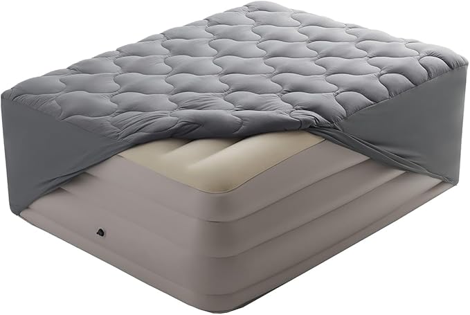 SLEEP ZONE King Air Mattress Pad, Quilted Mattress Topper Cover, Breathable and Noiseless Air Bed Mattress Protector with Deep Pocket Fits Up to 25 Inches (Dark Gray)