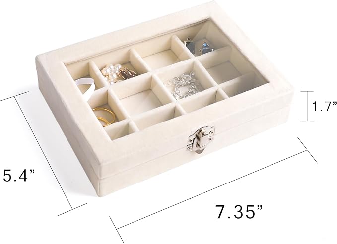 Frebeauty Jewelry Organizer Tray with Clear Lid - 12 Grid Velvet Drawer Insert Storage Box - Transparent Lid Display Case - Gift for Women (Beige, 12 Grid) - Image 3