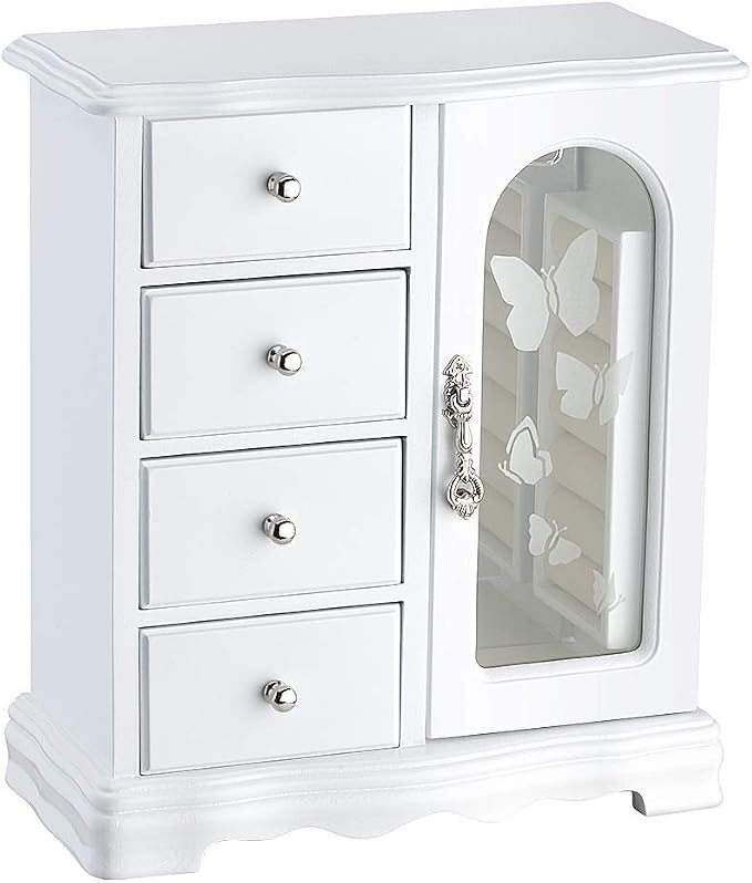 RR ROUND RICH DESIGN Jewelry Box - Made of Solid Wood with 4 Drawers Organizer and Built-in Necklace Carousel and Large Mirror White by RRROUNDRICHDESIGN