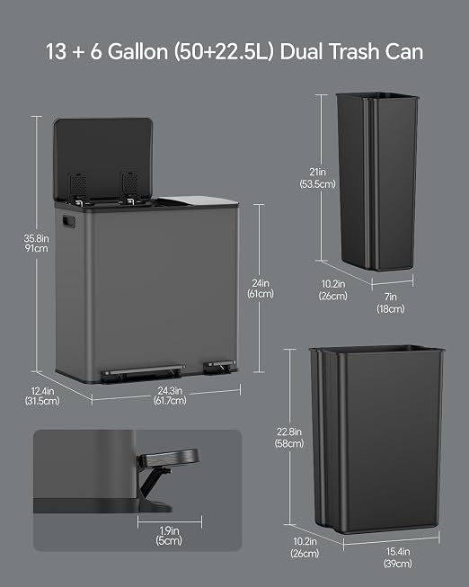 Lovewind Dual Trash and Recycling Bins for Kitchen, 13+6 Gallon Stainless Steel Garbage and Recycle Bin Combo for Large Families, Dual Trash Can with Soft Close Lid & Magnetic Stickers, Grey - Image 2