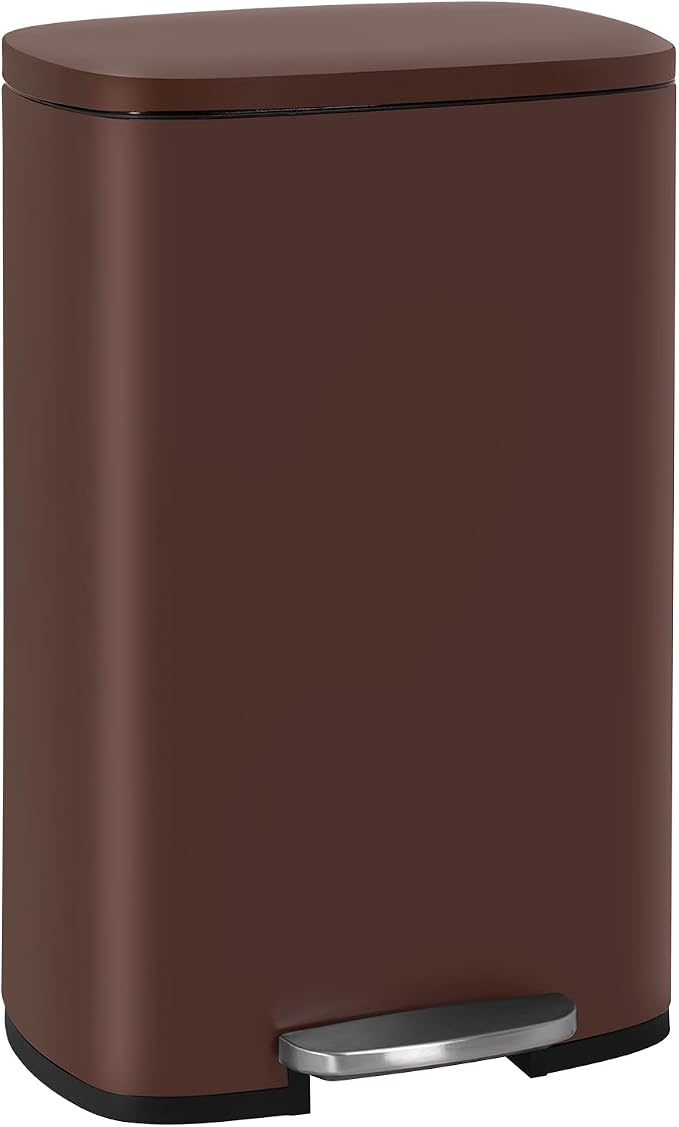 FDW | 13 Gallon Trash Can with Lid | Brown | Fingerprint-Proof | Made of Brushed Stainless Steel | Soft-Close Step Pedal | Hands-Free Use | Easy to Clean | for Kitchen, Office, Bathroom by FDW