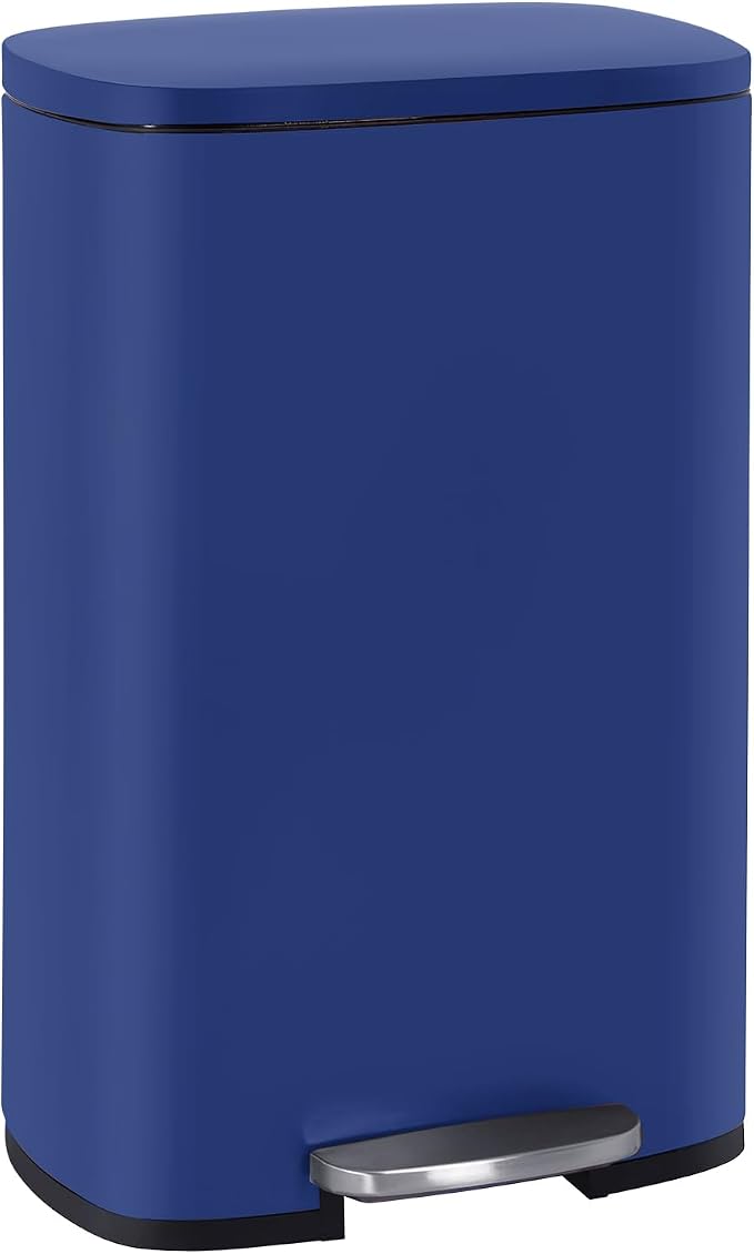 FDW | 13 Gallon Trash Can with Lid | Deep Blue | Fingerprint-Proof | Made of Brushed Stainless Steel | Soft-Close Step Pedal | Hands-Free Use | Easy to Clean | for Kitchen, Office, Bathroom by FDW